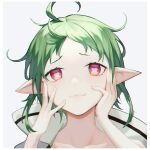 1girl ahoge closed_mouth elf green_hair hands_on_own_face hands_up heart heart-shaped_pupils lis_zhu_long looking_at_viewer mushoku_tensei pointy_ears red_eyes short_hair smile solo sylphiette_(mushoku_tensei) symbol-shaped_pupils upper_body white_background 