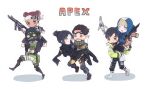  3boys 3girls annoyed apex_legends arm_tattoo assault_rifle belt black_belt black_bodysuit black_eyes black_footwear black_gloves black_hair black_headwear black_pants black_scarf black_shirt blue_bodysuit blue_gloves bodysuit boots brown_eyes carrying chibi cropped_vest crypto_(apex_legends) detached_sleeves double_bun facial_hair fingerless_gloves g7_scout gloves goatee goggles goggles_on_head green_scarf green_vest grey_shorts gun hack_(apex_legends) hair_bun headband highres holding holding_gun holding_weapon hood hood_down hood_up hooded_bodysuit hooded_jacket jacket knee_pads lifeline_(apex_legends) lightning_bolt_symbol looking_ahead looking_at_another mask mechanical_legs mirage_(apex_legends) mouth_mask multiple_boys multiple_girls non-humanoid_robot octane_(apex_legends) one_eye_closed open_mouth orange_jacket pants piggyback pouch princess_carry r-301_carbine red_eyes redhead repu_(rep_sha) ribbed_bodysuit rifle robot running scarf shadow shirt shorts single_hair_bun smile striped striped_scarf sweatdrop tattoo v-shaped_eyebrows vertical-striped_scarf vertical_stripes vest wattson_(apex_legends) weapon white_background white_footwear white_headband white_jacket wraith_(apex_legends) yellow_bodysuit 