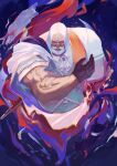  artist_name ascot beard black_cat black_gloves blue_background cat cry_sinkai facial_hair gloves highres jp_(street_fighter) male_focus medium_hair muscular old old_man short_sleeves street_fighter street_fighter_6 white_ascot white_cat white_hair 