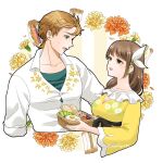  1boy 1girl boucheron_(fire_emblem) brown_eyes brown_hair fire_emblem fire_emblem_engage flower food goldmary_(fire_emblem) green_eyes hair_ornament highres holding holding_food long_hair looking_at_another midori_no_baku open_mouth shirt short_hair smile white_background white_shirt 