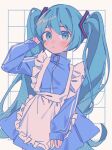  1girl alternate_costume apron aqua_eyes aqua_hair blue_jacket blush closed_mouth frilled_apron frills hair_between_eyes hand_up hatsune_miku jacket jersey_maid long_hair long_sleeves looking_at_viewer maid solo standing track_jacket turtleneck turtleneck_jacket twintails umi_(umui) unconventional_maid very_long_hair vocaloid waist_apron white_apron 