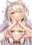  2girls :3 absurdres animal_ears belt_collar black_collar blonde_hair blue_eyes blue_hair blue_nails collar dog_ears dog_girl dress fuwawa_abyssgard hair_ornament hairpin headphones headphones_around_neck heart highres hololive hololive_english l_yth long_hair looking_at_viewer medium_hair mococo_abyssgard multicolored_hair multiple_girls nail_polish one_eye_closed paw_print pink_eyes pink_hair pink_nails shirt siblings sisters smile streaked_hair tongue tongue_out twins virtual_youtuber white_background white_dress white_shirt x_hair_ornament 