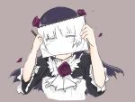  black_hair black_jacket carpelater collar covering_face crying drawing frilled_collar frilled_sleeves frills gokou_ruri gothic_lolita highres hime_cut jacket lolita_fashion long_hair ore_no_imouto_ga_konna_ni_kawaii_wake_ga_nai pencil petals rose_petals shirt sketch upper_body white_shirt 