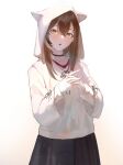  1girl absurdres animal_hood black_choker brown_eyes brown_hair brown_hoodie brown_skirt choker crossed_bangs ears_through_headwear highres hololive hololive_english hood hood_up hoodie long_hair long_skirt looking_at_viewer multicolored_hair nanashi_mumei nanashi_mumei_(3rd_costume) official_alternate_costume open_mouth oversized_clothes own_hands_together plaid plaid_skirt pleated_skirt red_shirt shirt skirt sleeves_past_wrists streaked_hair sweater triangle_mouth virtual_youtuber white_sweater wide_sleeves ysuini 