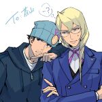  2boys ace_attorney beanie blonde_hair blue_eyes blue_headwear blue_jacket chinese_commentary collared_shirt commentary_request crossed_arms facial_hair glasses grey_jacket hat highres hood hooded_jacket jacket kristoph_gavin leaning_on_person long_hair long_sleeves looking_at_another looking_to_the_side male_focus multiple_boys neck_ribbon phoenix_wright pink_ribbon pointing ribbon ringo_orihara shirt short_hair simple_background stubble sweatdrop thought_bubble upper_body white_background white_shirt 