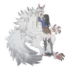  1boy 1girl animal_ear_fluff animal_ears animal_feet animal_hands body_fur brown_skirt claws commentary digitigrade fangs full_body grey_fur grey_hair hand_in_another&#039;s_mouth leviair long_hair looking_at_another monster_boy mouth_pull open_mouth original pleated_skirt sharp_teeth sidelocks simple_background sitting skirt slit_pupils standing symbol-only_commentary tail teeth thigh-highs toned toned_male tongue tongue_out very_long_hair white_background wolf_boy wolf_ears wolf_tail yellow_eyes 