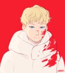  alexgvart asuka_ryou blonde_hair blood blood_on_face blue_eyes devilman devilman_crybaby highres male_focus red_background shirt white_shirt 