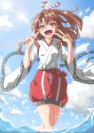  1girl absurdres blue_sky brown_eyes brown_hair clouds cowboy_shot day double_v hakama hakama_shorts high_ponytail highres japanese_clothes kantai_collection long_hair looking_at_viewer open_mouth outdoors red_shorts shorts sky smile solo sosorin v wading wide_sleeves zuihou_(kancolle) 