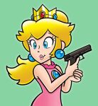  1girl blonde_hair blue_eyes brooch crown doc_shoddy dress earrings green_background gun holding holding_gun holding_weapon jewelry nakaue_shigehisa_(style) pink_dress ponytail princess_peach simple_background sleeveless solo sphere_earrings super_mario_bros. upper_body weapon weapon_request 