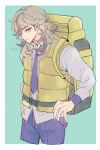  1boy arven_(pokemon) backpack bag brown_hair collared_shirt ei_(gibeon) green_eyes hair_over_one_eye hands_on_own_hips highres light_brown_hair long_hair multicolored_hair necktie open_clothes open_vest pants pokemon pokemon_(game) pokemon_sv purple_necktie purple_pants school_uniform shirt smile two-tone_hair uva_academy_school_uniform vest yellow_bag yellow_vest 