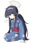  1girl bags_under_eyes black_hair blue_archive blue_eyes blush hair_between_eyes hairband halo highres japanese_clothes kimono long_hair messy_hair osame ponytail sidelocks simple_background ui_(blue_archive) white_background yukata 