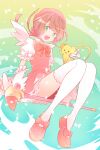  1girl bow cardcaptor_sakura child creature furry happy highres kero kinomoto_sakura legs magical_girl red_bow red_footwear salute short_hair sitting wand wings yellow_fur yugioh_dm 