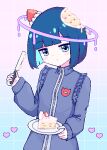  1girl blue_background blue_eyes blue_hair blunt_bangs blush bob_cut cake cake_slice chibikki closed_mouth colored_inner_hair commentary everything_is_cake_(meme) food food-themed_hair_ornament fruit gradient_background hair_ornament halo hand_up heart highres holding holding_knife holding_plate knife long_sleeves meme multicolored_hair original pink_background pink_halo plate short_hair sleeves_past_wrists solo strawberry strawberry_hair_ornament 