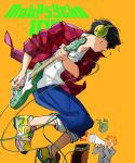  2boys black_hair blonde_hair blue_pants closed_eyes commentary ekubo_(mob_psycho_100) english_commentary guitar headphones highres holding holding_instrument holding_megaphone instrument kageyama_shigeo male_focus megaphone mob_psycho_100 multiple_boys music open_mouth orange_background pants playing_instrument red_shirt reigen_arataka shirt shoes short_hair simple_background smile sneakers sweepswoop white_shirt yellow_footwear 