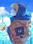  1girl animification apex_legends blonde_hair blue_bodysuit blue_eyes bodysuit breasts bright_pupils clouds electricity from_side highres hood hood_down hood_up hooded_bodysuit jacket lightning_bolt_symbol looking_at_viewer medium_breasts orange_jacket profile repu_(rep_sha) scar scar_on_cheek scar_on_face sky smile solo upper_body wattson_(apex_legends) white_pupils 