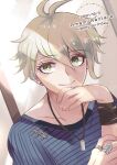  1boy amami_rantaro collarbone danganronpa_(series) danganronpa_v3:_killing_harmony dated green_eyes green_hair hair_between_eyes hand_on_own_chin hand_up happy_birthday highres jewelry long_sleeves looking_at_viewer male_focus moonku necklace ring shirt short_hair smile solo striped striped_shirt 