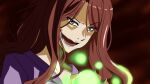  1girl brown_background brown_eyes brown_hair commentary_request dress energy energy_ball evil_smile hand_up long_hair lower_teeth_only mugino_shizuri open_mouth plasma psychic purple_dress scene_reference smile solo teeth toaru_kagaku_no_railgun toaru_kagaku_no_railgun_s toaru_majutsu_no_index toberux tongue v-shaped_eyebrows 