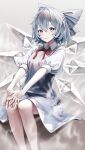  1girl absurdres bare_legs blue_bow blue_dress blue_eyes blue_hair blush bow cirno cirno_day commentary dress feet_out_of_frame hair_bow hands_on_own_knees highres ice ice_wings light_smile looking_at_viewer neck_ribbon own_hands_together pinafore_dress puffy_short_sleeves puffy_sleeves red_ribbon ribbon shirt short_hair short_sleeves sleeveless sleeveless_dress solo torinari_(dtvisu) touhou white_shirt wings 