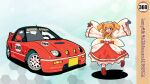  1girl autozam_az-1 black_gloves blue_eyes blush car character_name gloves highres jagi_(jagi_souken) long_hair long_sleeves mazda motor_vehicle one_eye_closed orange_hair race_vehicle racecar red_footwear red_gloves red_skirt shadow shirt shoes skirt smile spoiler_(automobile) sunny_milk touhou two-tone_gloves two_side_up vehicle_focus vehicle_name white_shirt wide_sleeves 