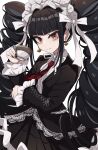  1girl absurdres black_hair black_jacket black_nails blunt_bangs bonnet celestia_ludenberg center_frills claw_ring cup danganronpa:_trigger_happy_havoc danganronpa_(series) drill_hair earrings frilled_jacket frills gothic_lolita hand_up highres holding holding_cup jacket jewelry lace-trimmed_skirt lace_trim layered_skirt lolita_fashion long_hair long_sleeves looking_at_viewer meiji_(meizi493) nail_polish necktie open_clothes open_jacket pleated_skirt print_necktie red_eyes red_necktie shirt simple_background skirt smile solo twin_drills twintails white_background 