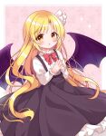  1girl bat_wings black_skirt blonde_hair blush fingernails frilled_skirt frills highres kurumi_(touhou) long_hair long_sleeves open_mouth purple_wings shirt skirt solo suspender_skirt suspenders touhou touhou_(pc-98) white_shirt wings yellow_eyes yurufuwa_milk 