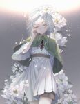  1girl absurdres ahoge capelet closed_eyes closed_mouth dress elf flower green_capelet hand_up highres medium_hair mushoku_tensei nogi_lace pointy_ears solo sylphiette_(mushoku_tensei) white_dress white_hair 