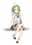  1girl absurdres ahoge black_shorts brown_footwear elf green_hair highres hood hooded_jacket invisible_chair jacket looking_at_viewer mushoku_tensei open_mouth pointy_ears red_eyes shadow shirt short_hair shorts sitting solo syagare white_jacket white_shirt 