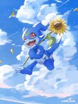  1other artist_name blue_sky clouds day digimon digimon_(creature) flower full_body highres holding holding_flower jumping looking_at_viewer nagoshi no_humans open_mouth other_focus outdoors sky solo sunflower v-mon watermark 