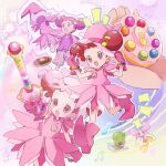  1girl :d arm_up artist_name commentary_request compact_(cosmetics) dodo_(ojamajo_doremi) double_bun dress earrings fairy full_body gloves grey_shorts hair_bun hair_ornament hamburger_steak hand_on_headwear hands_up hano_luno harukaze_doremi hat highres holding holding_compact holding_wand jewelry magical_girl majorika multiple_views musical_note musical_note_hair_ornament ojamajo_doremi open_mouth pink_dress pink_eyes pink_footwear pink_gloves pink_headwear plate pointy_footwear purple_shirt redhead shirt short_hair short_sleeves shorts smile standing t-shirt wand witch_hat 