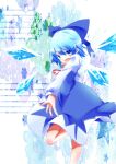  1girl adapted_costume blue_bow blue_dress blue_eyes blue_hair bow cirno detached_wings dress fang foot_out_of_frame hair_between_eyes hair_bow highres ice ice_wings kaaee leg_up long_sleeves looking_at_viewer medium_hair neck_ribbon open_mouth pinafore_dress puffy_long_sleeves puffy_sleeves red_ribbon ribbon simple_background sleeveless sleeveless_dress solo star_(symbol) touhou wings 