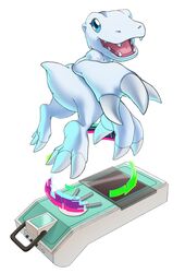  1other absurdres digimon digimon_(creature) digivice full_body highres liecomj looking_at_viewer no_humans open_mouth other_focus simple_background solo white_background yukiagumon 