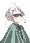  1girl :o absurdres ahoge cloak commentary_request elf green_cloak highres looking_at_viewer mushoku_tensei open_mouth pointy_ears red_eyes short_hair simple_background solo sunglasses syagare sylphiette_(mushoku_tensei) upper_body white_background white_hair 