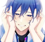  1boy artist_name blue_eyes blue_hair commentary_request double-parted_bangs fingernails hand_grab hands_on_another&#039;s_face kaito_(vocaloid) looking_at_viewer nokuhashi out_of_frame pov short_hair simple_background smile teeth vocaloid white_background 