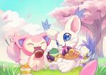  animal_ears blue_sky cat cat_ears cherry_blossoms closed_eyes crossover day digimon digimon_(creature) extyrannomon food full_body gloves grass holding holding_food holy_ring no_humans open_mouth outdoors pokemon pokemon_(creature) sitting skitty sky tail tailmon tree 