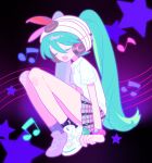 1girl absurdres ankle_socks aqua_hair arms_at_sides bare_legs beamed_eighth_notes black_socks bow bracelet breasts closed_eyes collared_shirt dark_background dot_nose eighth_note eyelashes full_body gradient_background grey_skirt hair_between_eyes hair_bow halftone happy hatsune_miku headband headphones highres jewelry knees_to_chest knees_up legs_together long_hair music musical_note official_alternate_costume open_mouth plaid plaid_skirt pleated_skirt pokemon polo_shirt project_voltage purple_background red_bow shirt shoes short_sleeves simple_background singing skirt slwii2 small_breasts sneakers socks solo staff_(music) star_(symbol) starry_background swept_bangs tie_clip twintails two-tone_background very_long_hair vocaloid white_footwear white_headband white_shirt