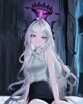  1girl :3 ahneato black_skirt blue_archive closed_mouth curtains demon_girl demon_horns hair_ornament hairclip halo highres hina_(blue_archive) horns long_hair looking_at_viewer multiple_horns shirt sitting skirt sleeveless sleeveless_shirt smile solo violet_eyes white_hair white_shirt window 
