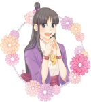  1girl :d ace_attorney black_hair floral_background half_updo hands_up hiraishi_wataru japanese_clothes jewelry kimono long_hair looking_at_viewer magatama maya_fey own_hands_together parted_bangs smile solo upper_body white_background 