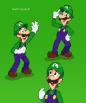  1boy artist_name blue_overalls boots brown_footwear brown_hair clenched_hand facial_hair gloves green_background green_headwear green_shirt hat highres looking_at_viewer luigi multiple_views mustache open_mouth overalls pointy_ears shirt short_hair super_mario_bros. teeth upper_teeth_only vinny_(dingitydingus) white_gloves 