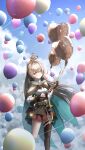  1girl ahoge asymmetrical_legwear balloon belt brown_capelet brown_cloak brown_corset brown_eyes brown_hair cape capelet cloak clouds cloudy_sky corset crossed_bangs dagger feather_hair_ornament feathers gloves ha_uiyeon hair_ornament heart_balloon highres holding holding_balloon hololive hololive_english kneehighs knife lantern light_particles long_hair looking_at_viewer miniskirt multicolored_hair nanashi_mumei nanashi_mumei_(1st_costume) partially_fingerless_gloves pleated_skirt ponytail pouch red_skirt ribbon shirt single_kneehigh single_sock single_thighhigh skirt sky socks streaked_hair thigh-highs very_long_hair virtual_youtuber weapon white_shirt 