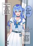  1boy belt blue_bow blue_bowtie blue_eyes blue_hair bow bowtie commentary cosplay crossdressing doorway english_commentary english_text highres hololive hoshimachi_suisei hoshimachi_suisei_(cosplay) hoshimachi_suisei_(school_uniform) jaheterbang long_hair looking_at_viewer open_mouth otoko_no_ko pleated_skirt pov puffy_short_sleeves puffy_sleeves sailor_collar school_uniform serafuku shirt short_sleeves skirt virtual_youtuber white_sailor_collar white_shirt white_skirt 