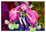  1girl absurdres afuron arm_up bangle baseball_cap black_shirt blue_footwear blunt_bangs boots border bracelet character_signature commentary_request copyright_name drooling english_text fish flat_chest full_body green_eyes green_skirt hair_tie harmony&#039;s_clownfish_(splatoon) harmony_(splatoon) hat highres jewelry legs long_hair looking_at_viewer low-tied_long_hair miniskirt multicolored_background multiple_views open_mouth outline outside_border outstretched_arm partial_commentary pink_pupils pleated_skirt shirt short_sleeves sidelocks signature skirt splatoon_(series) splatoon_3 standing striped striped_headwear tentacle_hair tentacles twintails very_long_hair white_border white_outline yellow_headwear 