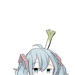  1girl ahoge blue_eyes blue_hair commentary_request food_on_hair hair_between_eyes hair_ornament hatsune_miku head highres jitome simple_background solo spring_onion vocaloid white_background xxxx_saki 