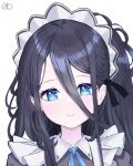  1girl absurdly_long_hair ahneato apron aris_(blue_archive) aris_(maid)_(blue_archive) black_hair blue_archive blue_bow blue_bowtie blue_eyes bow bowtie commentary hair_between_eyes halo highres long_bangs long_hair looking_at_viewer maid maid_apron maid_headdress official_alternate_costume short_sleeves sidelocks simple_background smile solo very_long_hair white_background 