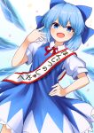  1girl :d absurdres blue_bow blue_dress blue_eyes blue_hair blush bow cirno cirno_day collared_shirt commentary_request cowboy_shot dress hair_between_eyes hair_bow highres ice ice_wings looking_at_viewer magarikado_(mgrkd) neck_ribbon open_mouth pinafore_dress puffy_short_sleeves puffy_sleeves red_ribbon ribbon shirt short_hair short_sleeves simple_background sleeveless sleeveless_dress smile solo standing tongue touhou translation_request white_background white_shirt wings 