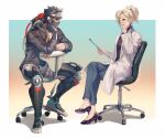  1boy 1girl bad_id bad_twitter_id black_hair blackwatch_genji blonde_hair blue_eyes chair cyborg dr._ziegler_(overwatch) genji_(overwatch) hage2013 holding holding_mask looking_at_another mask mercy_(overwatch) official_alternate_costume on_chair overwatch overwatch_1 short_hair simple_background spiky_hair 