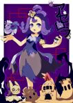  1girl :3 absurdres acerola_(pokemon) afuron antenna_hair armlet bird black_eyes black_sclera blue_dress blue_fire blush border character_name child collarbone colored_sclera commentary_request dress drifloon drop_shadow duskull fire flat_chest flipped_hair gengar grey_eyes hair_ornament half-closed_eyes hands_up happy highres holding holding_poke_ball litwick looking_at_viewer mimikyu multicolored_clothes multicolored_dress open_mouth oricorio oricorio_(sensu) outside_border palossand partial_commentary poke_ball pokemon pokemon_(creature) pokemon_(game) pokemon_sm purple_background purple_hair red_eyes red_sclera sand_castle sand_sculpture short_hair short_sleeves sidelocks smile solid_oval_eyes solo_focus standing teeth translated ultra_ball violet_eyes white_border white_eyes yellow_eyes 