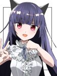  1girl animal_ears black_hair cat_ears collar frilled_collar frilled_shirt frills gokou_ruri hand_up highres hime_cut long_hair looking_at_viewer mole mole_under_eye open_mouth ore_no_imouto_ga_konna_ni_kawaii_wake_ga_nai red_eyes shirt sleeveless sleeveless_shirt smile tonoko upper_body v white_background 