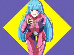  1girl alternate_breast_size belt blue_hair bodysuit breasts gloves highres kula_diamond large_breasts long_hair looking_to_the_side purple_background smile studiokayu2993 the_king_of_fighters the_king_of_fighters_xv violet_eyes zipper 