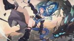  1girl absurdres arknights black_jacket black_shorts blue_hair boots dragon eastern_dragon highres horns jacket ling_(arknights) ling_(towering_is_cliff_of_nostalgia)_(arknights) long_hair midriff navel pointy_ears shorts staff szh--- violet_eyes 