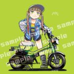  1girl artist_name baseball_cap belt blue_jacket brown_hair collarbone gradient_hair green_background green_eyes grey_footwear hair_behind_ear hat head_tilt highres honda honda_humming jacket leaning_forward letterman_jacket long_sleeves looking_at_viewer motor_vehicle motorcycle multicolored_hair original rainbow_shirt sample_watermark sapo_(saaaapo_po) shadow shorts sleeves_past_wrists smile v-shaped_eyebrows white_belt 